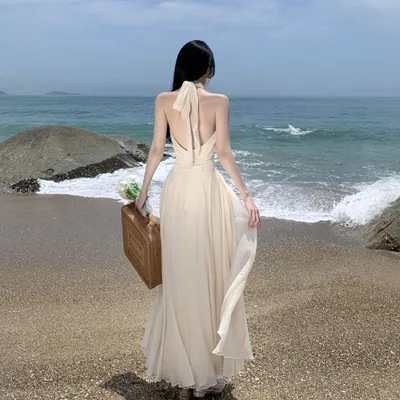 Sleeveless V neck Halter Dress With A Cinched Waist Design Cream - Shop at LoveMi