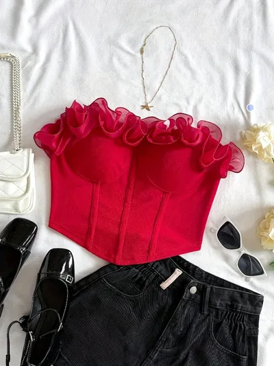 Elegant Three dimensional Floral Sheer Camisole With A Pure Alluring Vibe Red - Shop at LoveMi