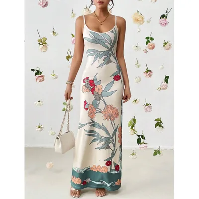 Printed Bodycon Long Slip Dress Beige - Shop at LoveMi