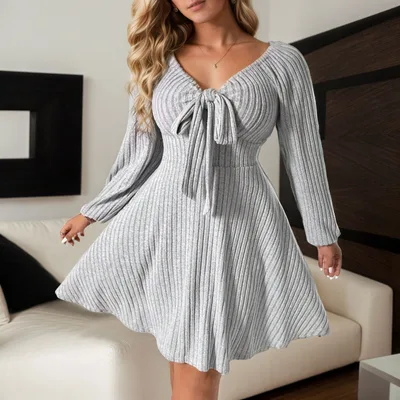 Figure flattering Dress With Long Sleeves And A Short Skirt For Fall And Winter Gray - Shop at LoveMi