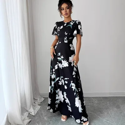 Floral Crew neck Short sleeve Waist cinching Dress Black - Shop at LoveMi