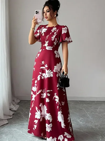 Floral Crew neck Short sleeve Waist cinching Dress Wine - Shop at LoveMi