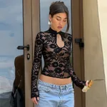 Chic, Sexy Lace Sheer Top With Long Sleeves And Lace-up Detailing - Black
