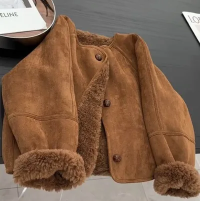 Vintage Crew neck Faux Fur Coat With A Fashionable Touch Brown - Shop at LoveMi