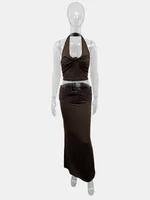 Solid-color Sleeveless Tank Top And Pleated Midi Skirt Set - Brown