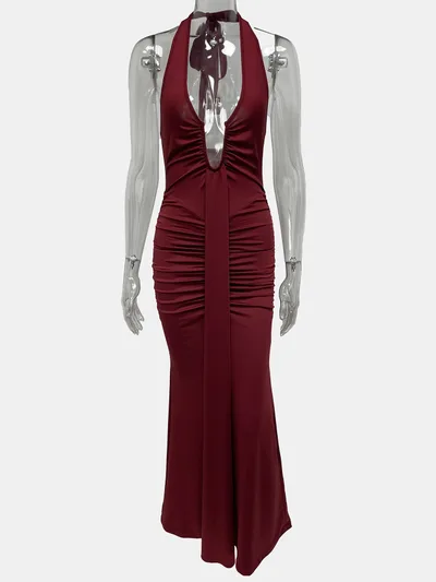 Sleeveless Long Pleated Mermaid Sexy Party Dress Wine Burgundy - Shop at LoveMi
