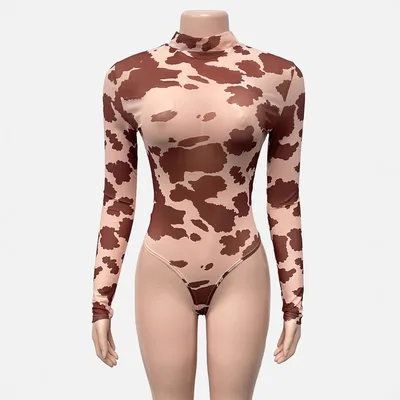 New Printed Long Sleeve Sheer Mesh Bodysuit Beige - Shop at LoveMi