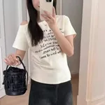 Korean-style Fashionable Letter-printed Off-shoulder Short-sleeve T-shirt - White