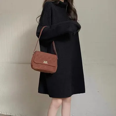 Womens Relaxed style Turtleneck Sweater Winter Thickened Mid length Design Black - Shop at LoveMi