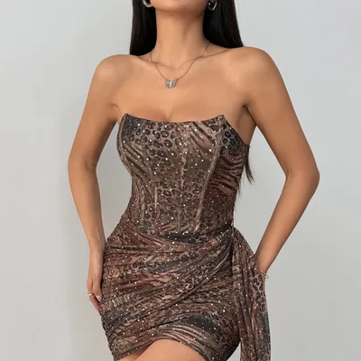 Leopard print Asymmetrical Ribbon waist Bustier Bodycon Mini Skirt Brown - Shop at LoveMi