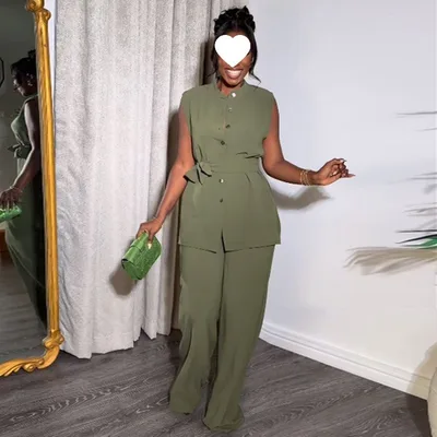 Featuring A Mandarin collar Button front Sleeveless Top And Wide leg Pants Green - Shop at LoveMi