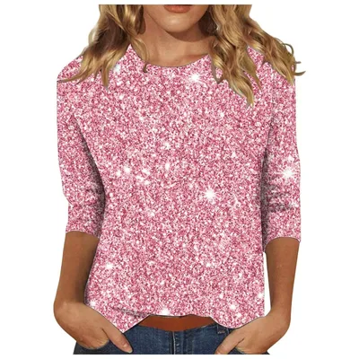 Sequin T shirt With Three quarter Sleeves And A Crew Neck For Women Lotus Root Color 2Xl - Shop at LoveMi