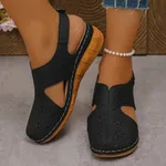 Breathable Velcro-Strapped Wedge Sandals With Fishmouth Design And Stitched Seams - Black