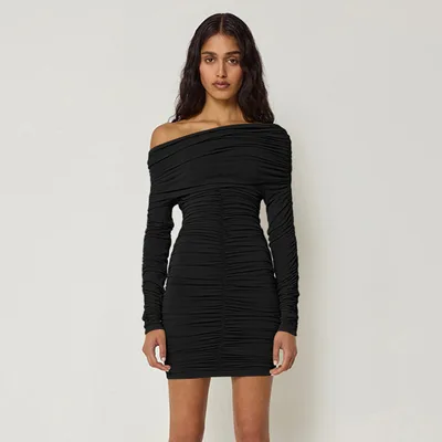 Ruffle trimmed Drawstring V neck Waist cinching Figure flattering Dress For Date Nights And Parties Black - Shop at LoveMi