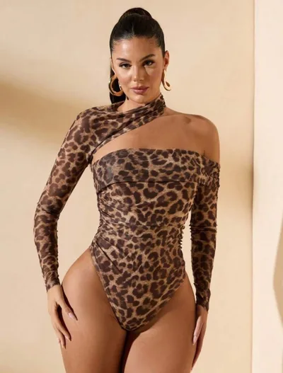 Long sleeve Printed Sexy Off shoulder Asymmetrical Halter Bodysuit Leopard - Shop at LoveMi