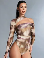 Long-sleeve Printed Sexy Off-shoulder Asymmetrical Halter Bodysuit - S-Color