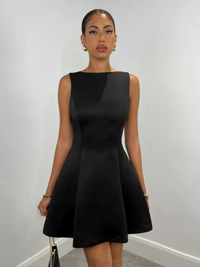 Solid color A line Sleeveless Slim fit Elegant Tea Party Dress Black - Shop at LoveMi