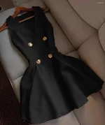 V-neck Sleeveless Buttoned Solid-colour Sweet Mini Dress - Black
