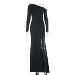 Mesh Sequin-embellished Long-sleeve Split Dress - Black