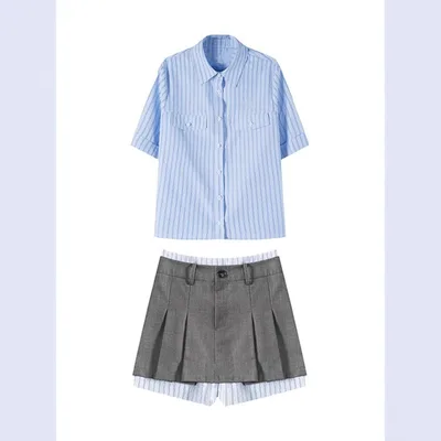 Girls Preppy Style Striped Shirt And Skirt Set Suit S - Shop at LoveMi
