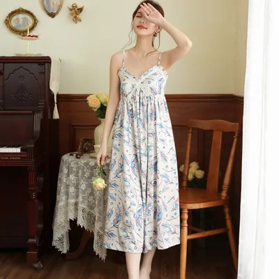 French style Long Nightgown With Built in Chest Pads Perfect For Wearing Outside Feather Pattern L - Shop at LoveMi