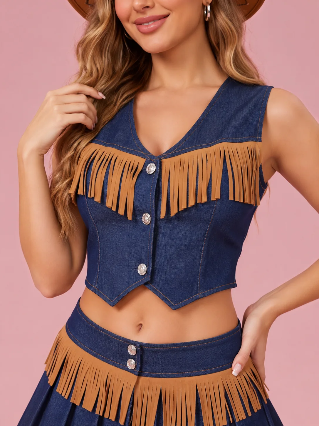 Fringed Cowgirl Costume Set with Hat for Women - Dark Blue - View 3