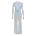 Womens Sexy Solid-Color Deep V-Neck Button-Front Bodycon High-Waist Long-Sleeve Dress - Blue