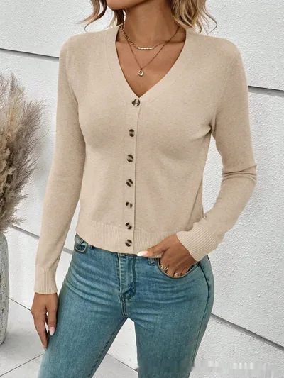 Women's Simple Solid Color Long sleeved Sweater Cardigan Khaki - Shop at LoveMi
