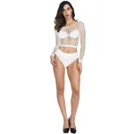 Sheer Cutout Pajamas Bodysuit Fishnet Top And Mesh Skirt - White