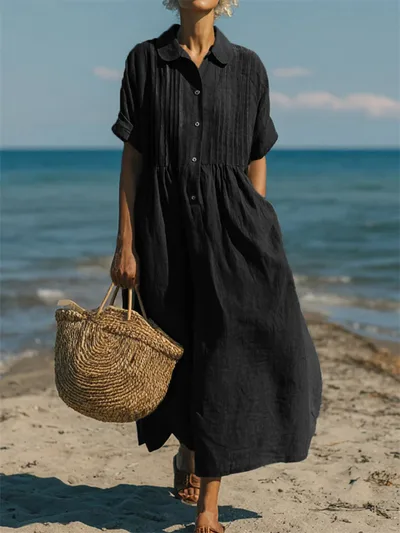 Notch collar Button front Pleated Short sleeve Cotton linen Dress Black - Shop at LoveMi