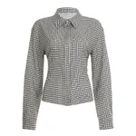 Retro Fitted-waist Tie-up Long-sleeve Plaid Shirt - Khaki