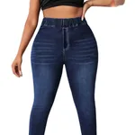 Womens High Elasticity Printed Denim Leggings - Navy