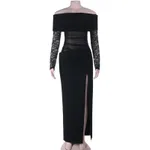 Womens Lace-Panel Sexy Slit Elegant Dress - Black