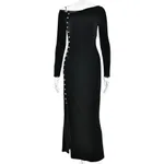 Sexy Chic High-slit Long-sleeve Fashion-fit Maxi Dress - Black