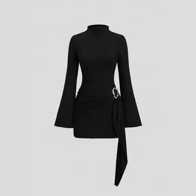 Metal Waist Buckle Minimalist Slightly Flared Sleeve Slim Fit Midi Dress Black - Shop at LoveMi