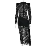 Womens Lace See-Through Long-Sleeve Dress With Ribbons - Black