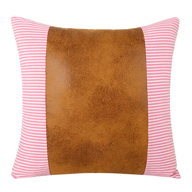Modern minimalist style PU leather canvas stripe stitching pillow Pink - Shop at LoveMi