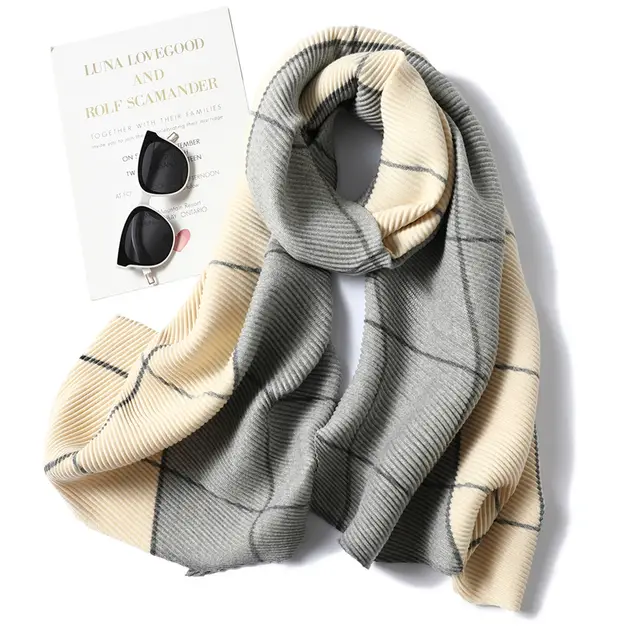 New Two color Cashmere Lady Scarf Wrinkled Color Matching Plaid All match Rice Grey - Shop at LoveMi