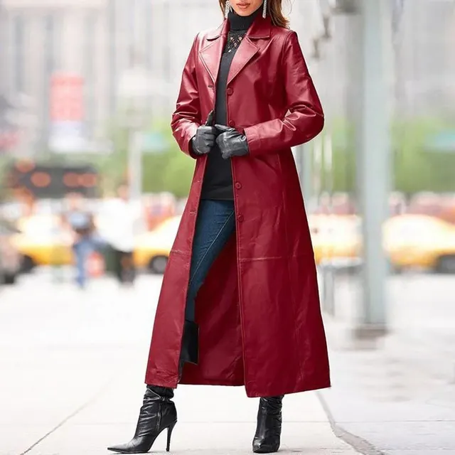 European and American women's leather coat long coat Wine Red - Shop at LoveMi