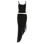 New Womens Outfit Figure-flattering Spaghetti-strap Tank Top Paired With A Mesh-panel Studded Skirt - Black