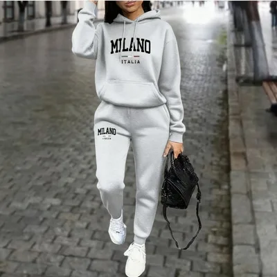 Womens Fleece Lined Sweatshirt And Sweatpants Set With Print Gray - Shop at LoveMi