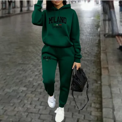 Womens Fleece Lined Sweatshirt And Sweatpants Set With Print Green - Shop at LoveMi