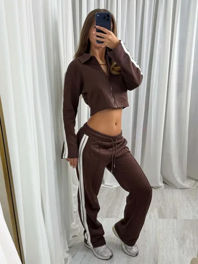 Womens Casual Sportswear Set Sweatpants And A Lapel top Blouse Coffee - Shop at LoveMi
