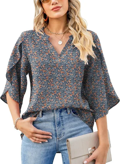 Womens Loose V neck Chiffon Top With Floral Petal Print Blue - Shop at LoveMi