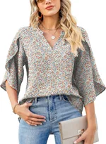 Womens Loose V-neck Chiffon Top With Floral Petal Print - Floral