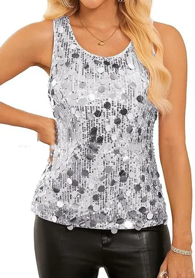 Womens Sequin Top Sleeveless Shiny Casual Tank Top Silver - Shop at LoveMi