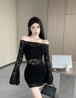 Womens Off-shoulder Cutout Form-fitting Long-sleeve Dress - Black