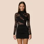 Womens Patchwork Lace Mock Neck Long-Sleeve Dress - Black