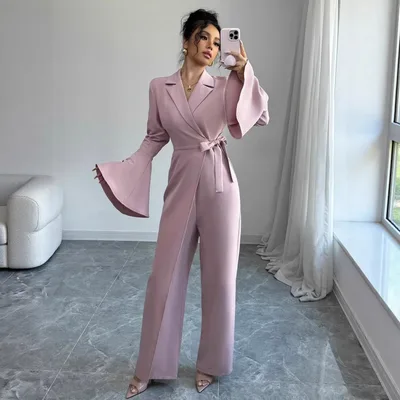 Elegant Solid color Long sleeve Flared sleeve Wide leg Jumpsuit Red - Shop at LoveMi