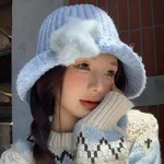 Korean-style Cute Plush Star Knitted Bucket Hat - Blue